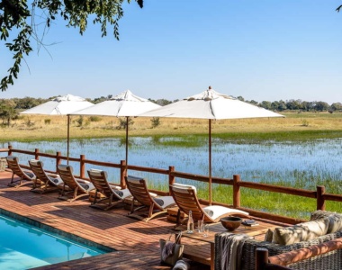Udsigt fra pool og liggestole på Sanctuary Chobe Chilwero, Botswana Udsigt fra pool og liggestole på Sanctuary Chobe Chilwero, Botswana